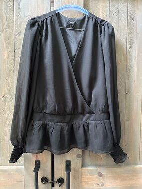 Express Black Wrap Peplum Long-Sleeve Blouse XL